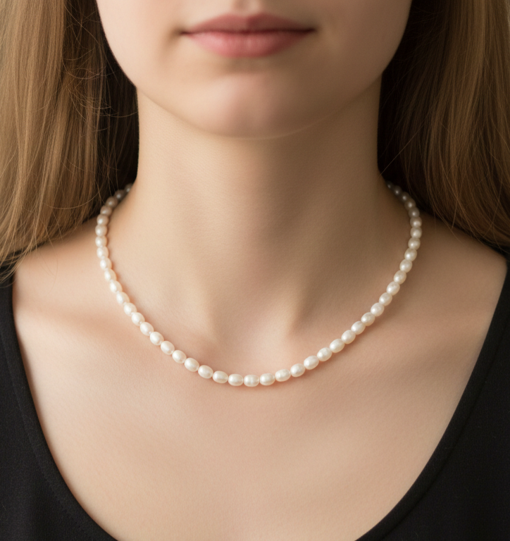 Collar de Perlas con Cadena Acero Chapado Oro