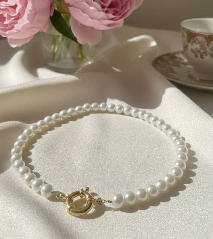 Collar Perlas de Bisuteria con Cierre Acero Chapado Oro