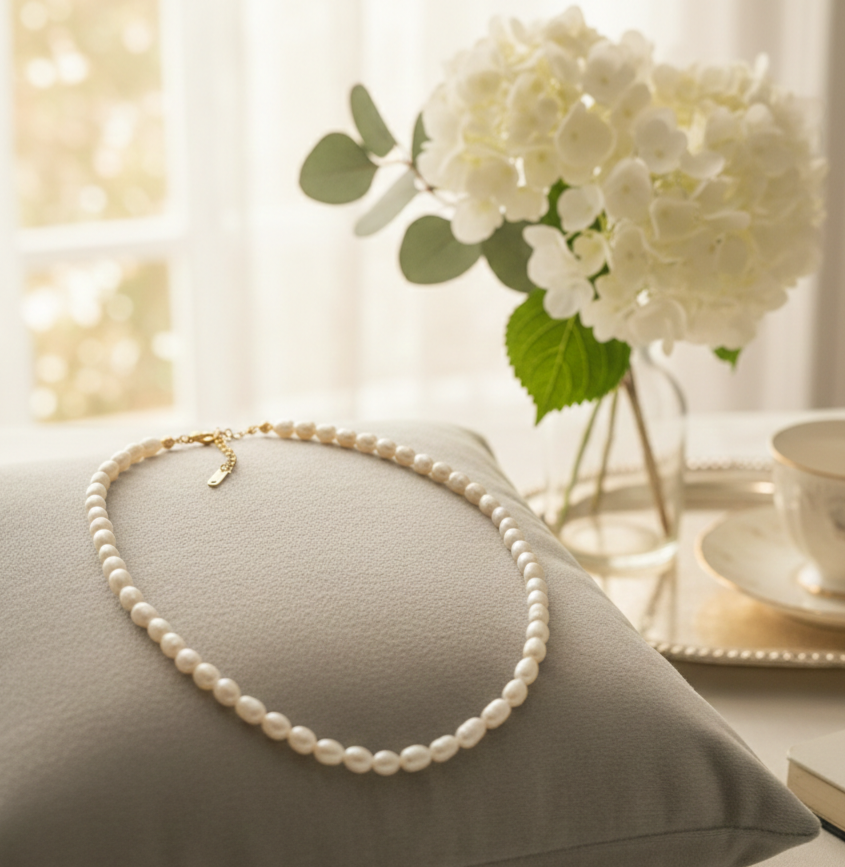 Collar de Perlas con Cadena Acero Chapado Oro