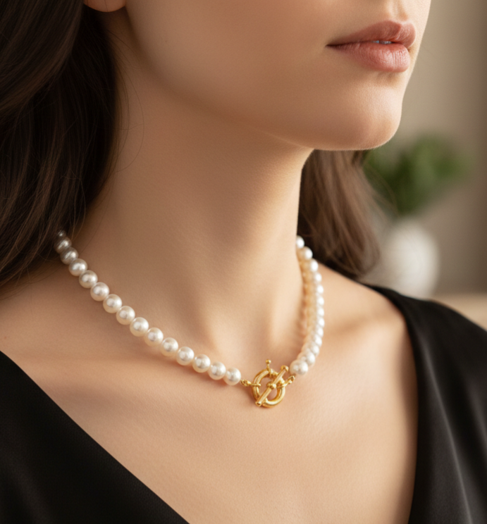 Collar Perlas de Bisuteria con Cierre Acero Chapado Oro