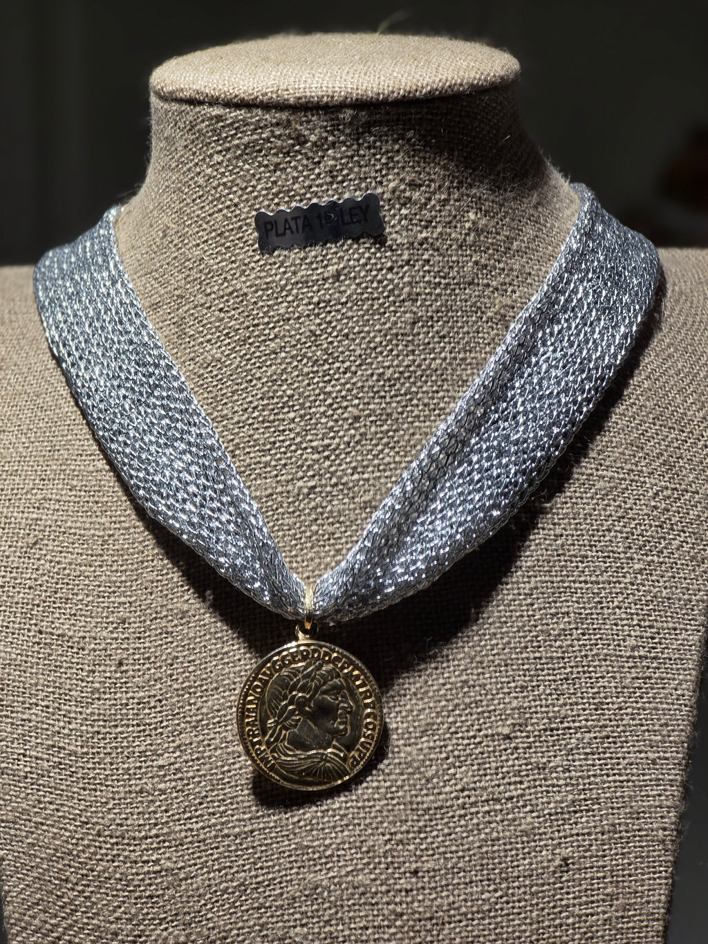 Collar Malla Plata con Colgante Moneda Romana Plata Chapada Oro